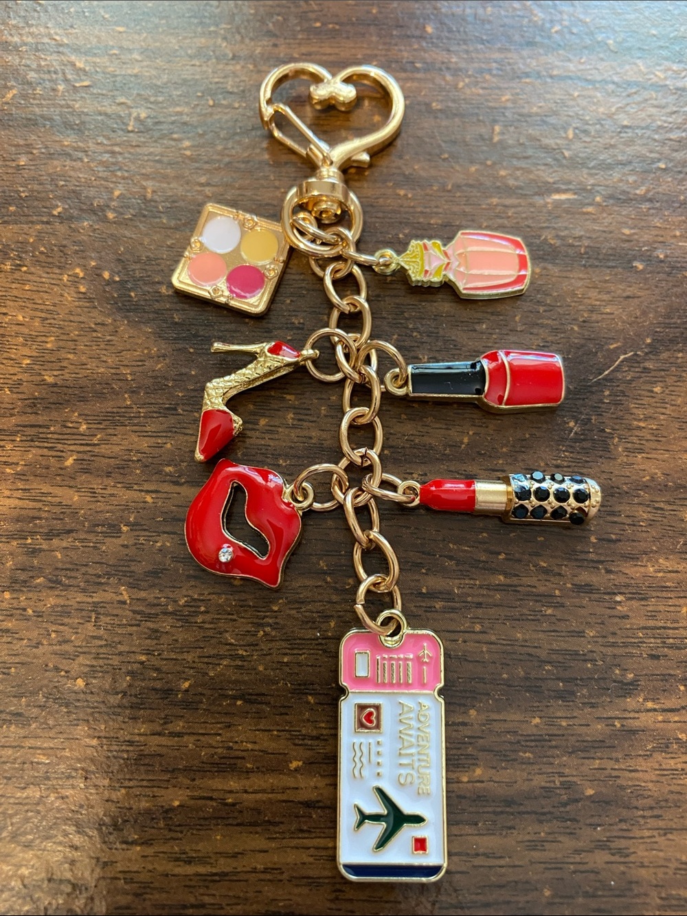 New Gold-Tone Red Beauty Charm Keychain or Purse Charm - Makeup & Travel Icons